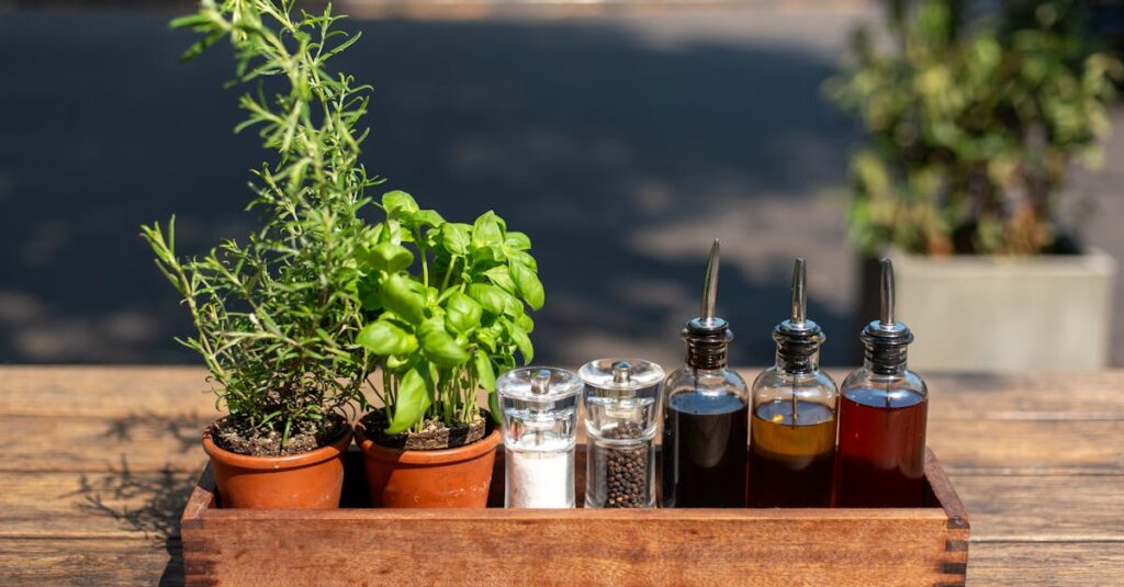 Herbs and condiments neatly arranged on a table outdoors, perfect for culinary themes.